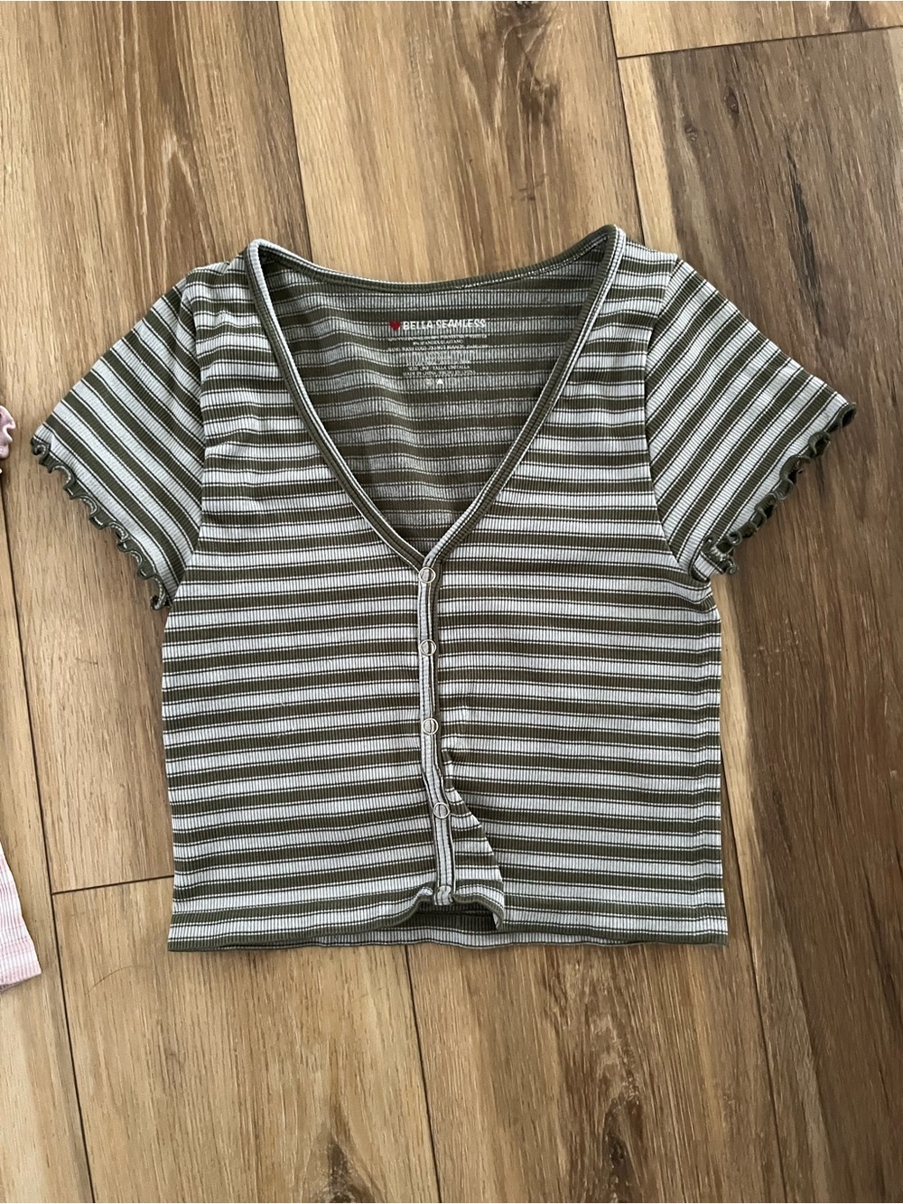 2 Striped Ribbed Button-Front Crop Top - Pink & Green - Picture 3 of 5